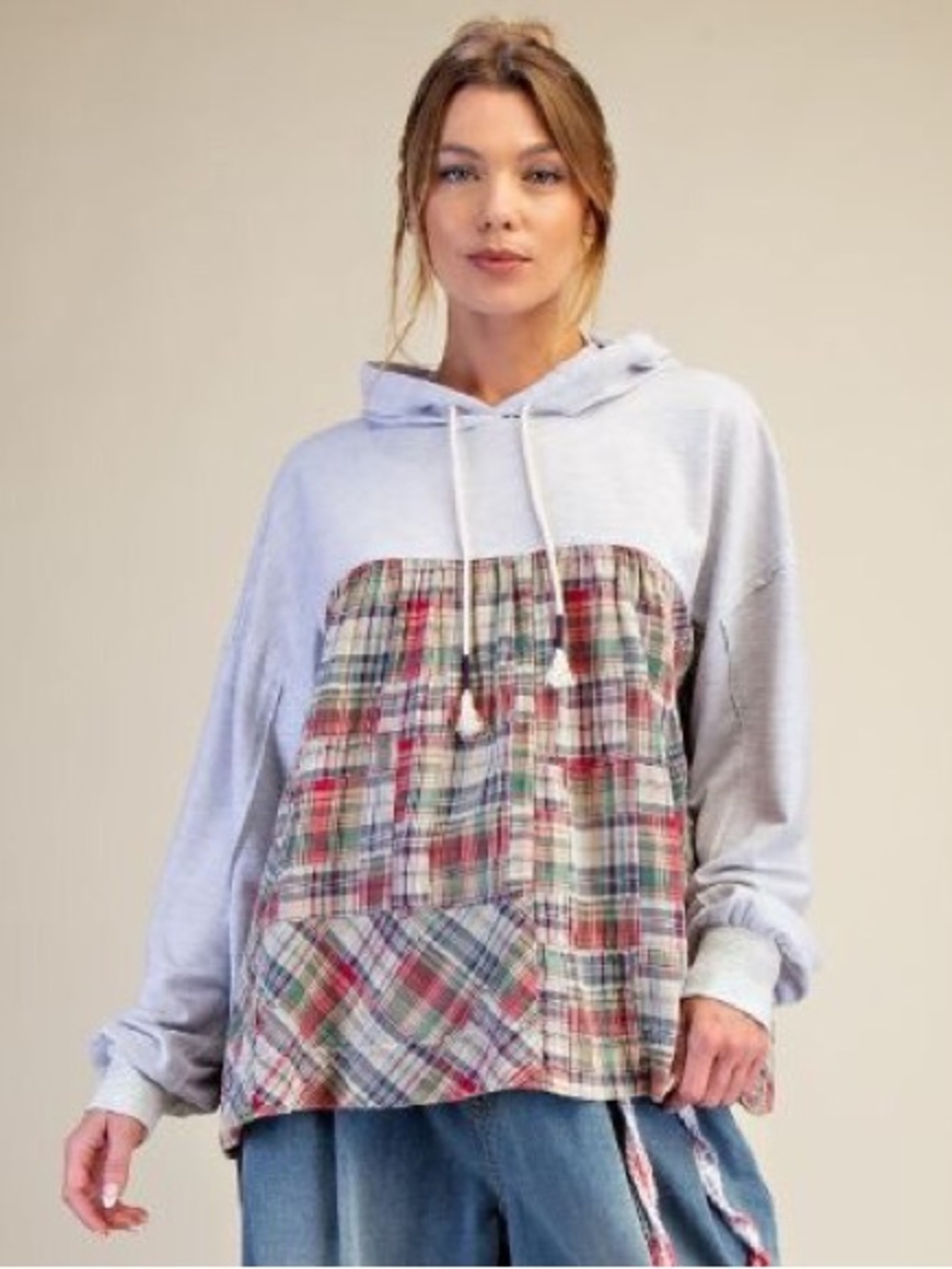 EASEL NWT TOP Hoodie Plaid Design Lightweight Jersey Size Small - Large